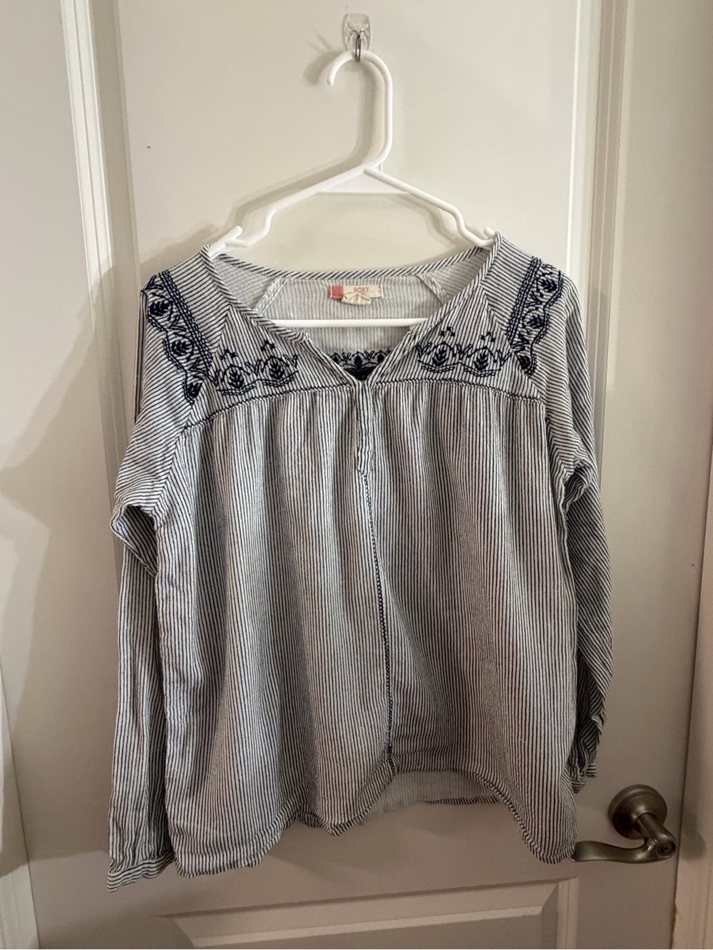 Roxy White and Navy Striped Long Sleeve Embroidered Top